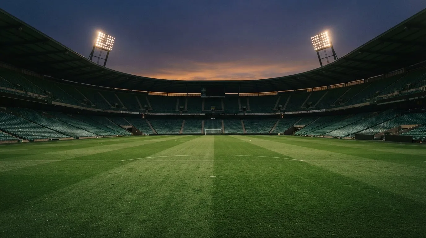 An empty football stadium with floodlight masts at dusk