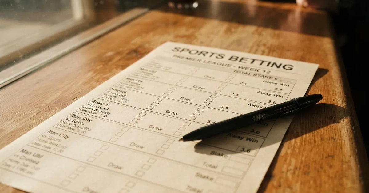 A blank paper betting slip beside a pen on a wooden counter