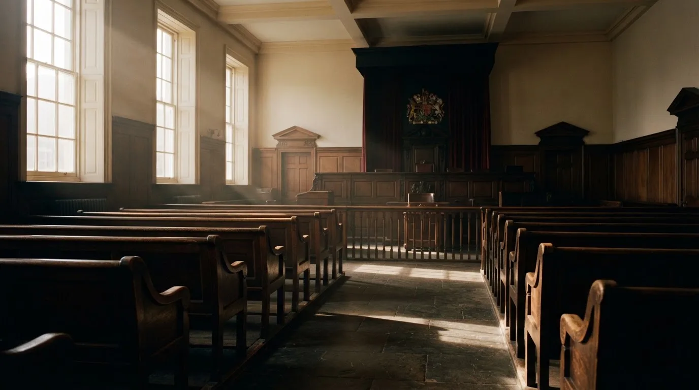 An empty courtroom with wooden benches in morning light