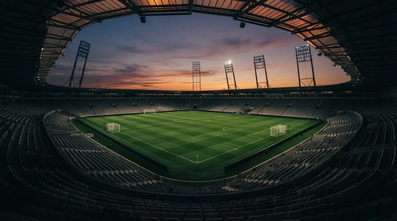 An empty football stadium with floodlight masts at dusk