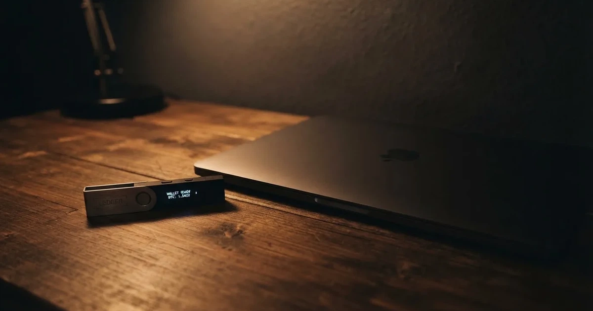 A hardware wallet and a closed laptop on a desk in dim light