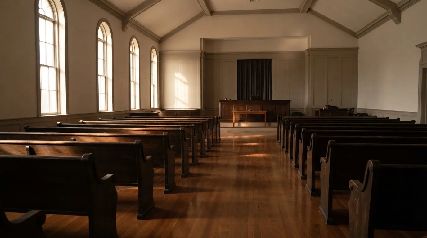 An empty courtroom with wooden benches in morning light