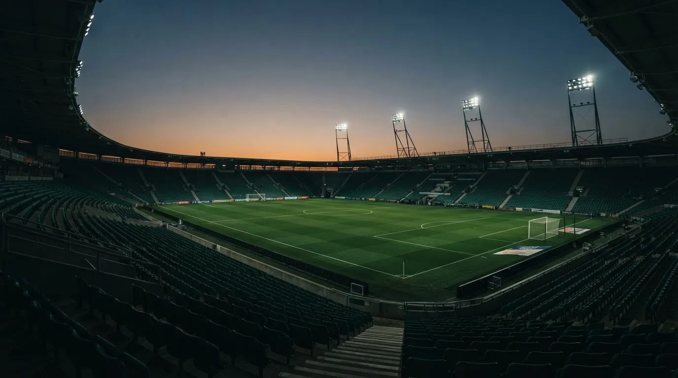An empty football stadium with floodlight masts at dusk
