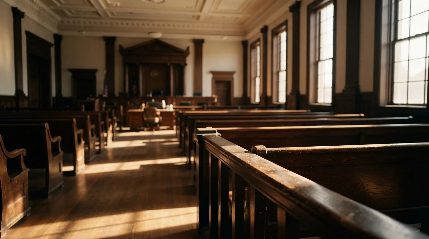 An empty courtroom with wooden benches in morning light