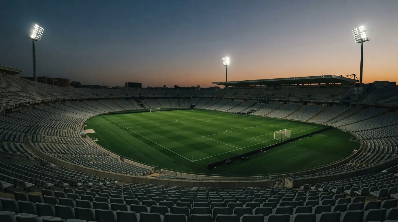 An empty football stadium with floodlight masts at dusk