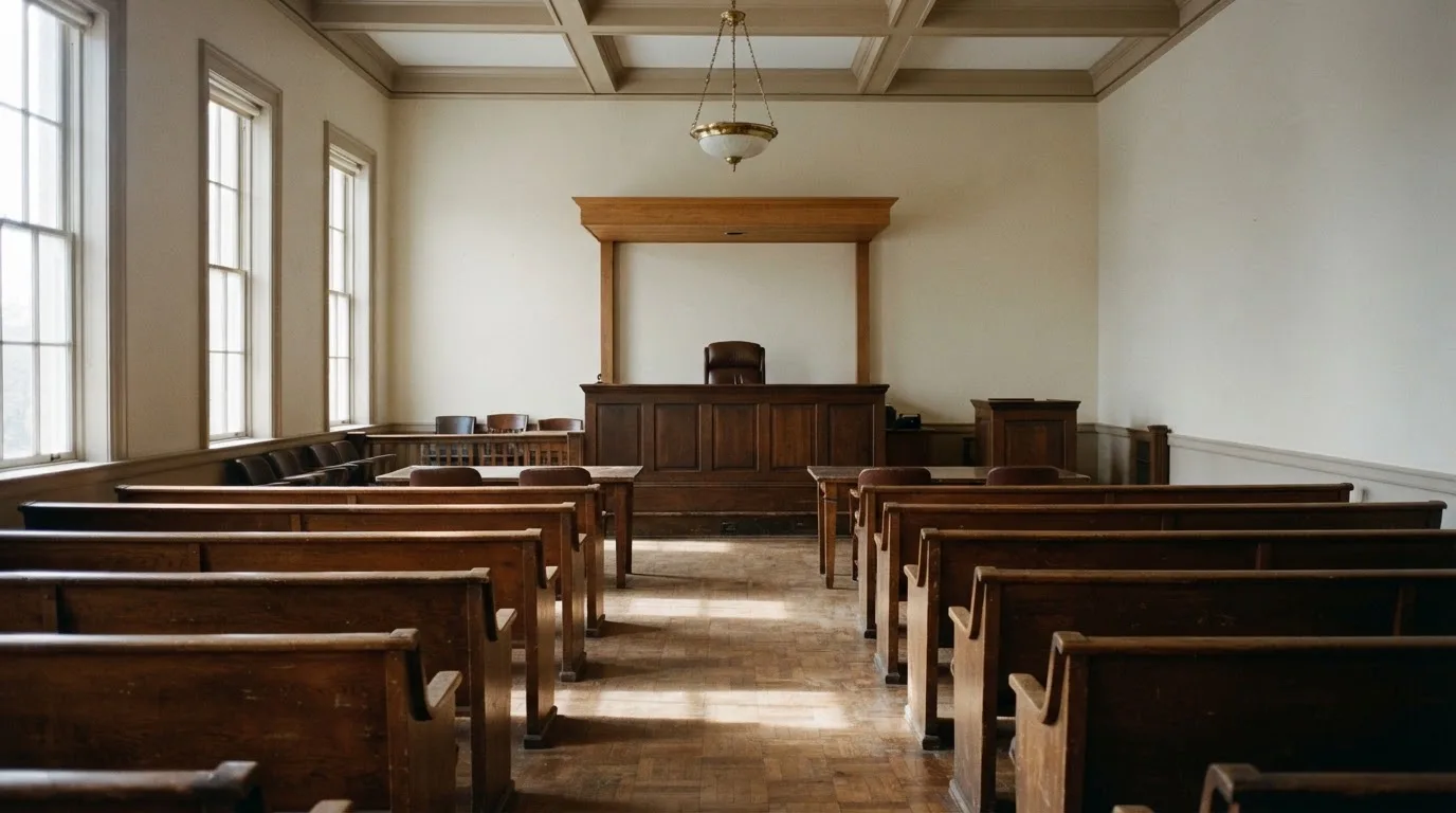 An empty courtroom with wooden benches in morning light