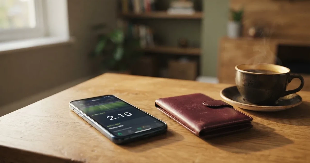 A smartphone on a wooden table beside a wallet and a coffee cup