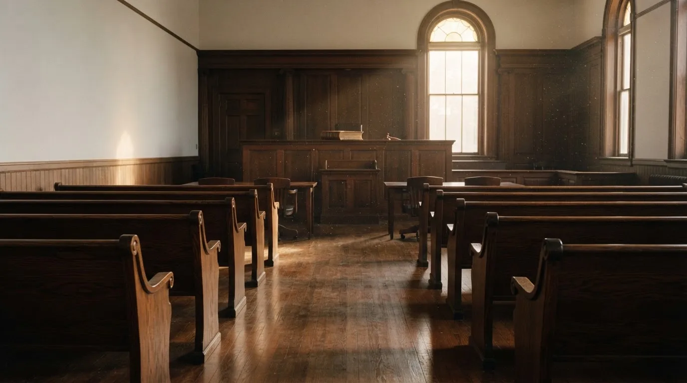 An empty courtroom with wooden benches in morning light