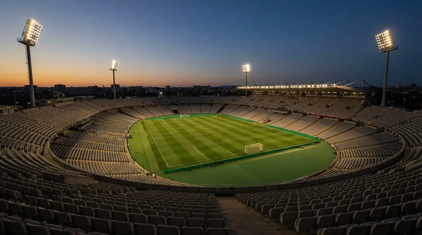 An empty football stadium with floodlight masts at dusk