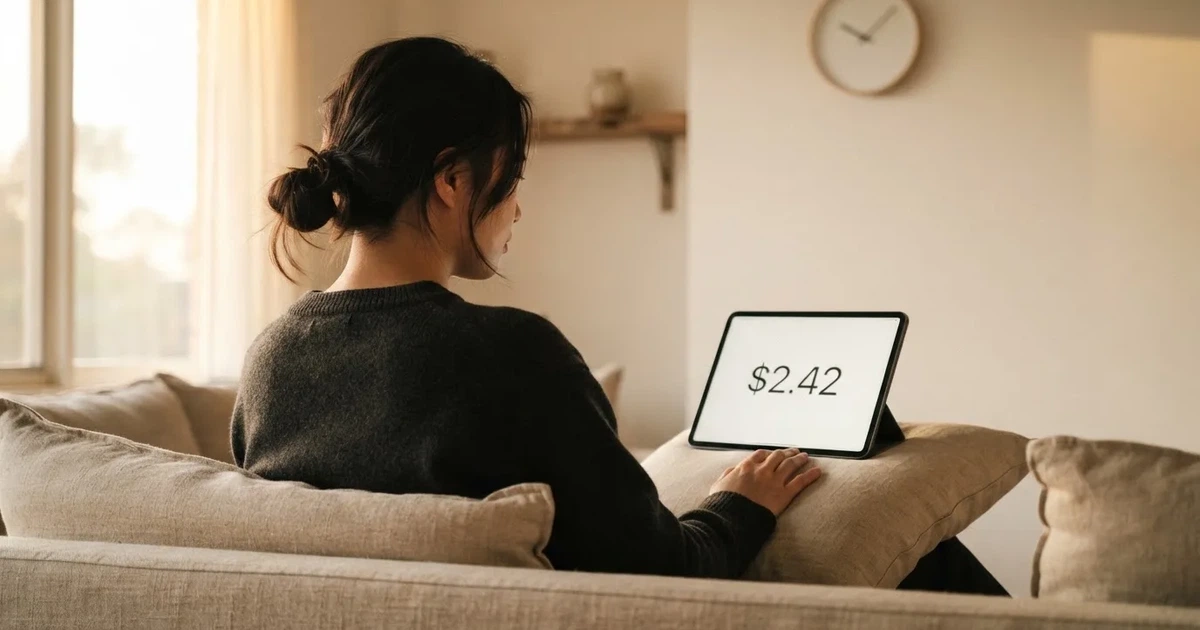 A person on a sofa looking thoughtfully at a tablet, a wall clock in the background