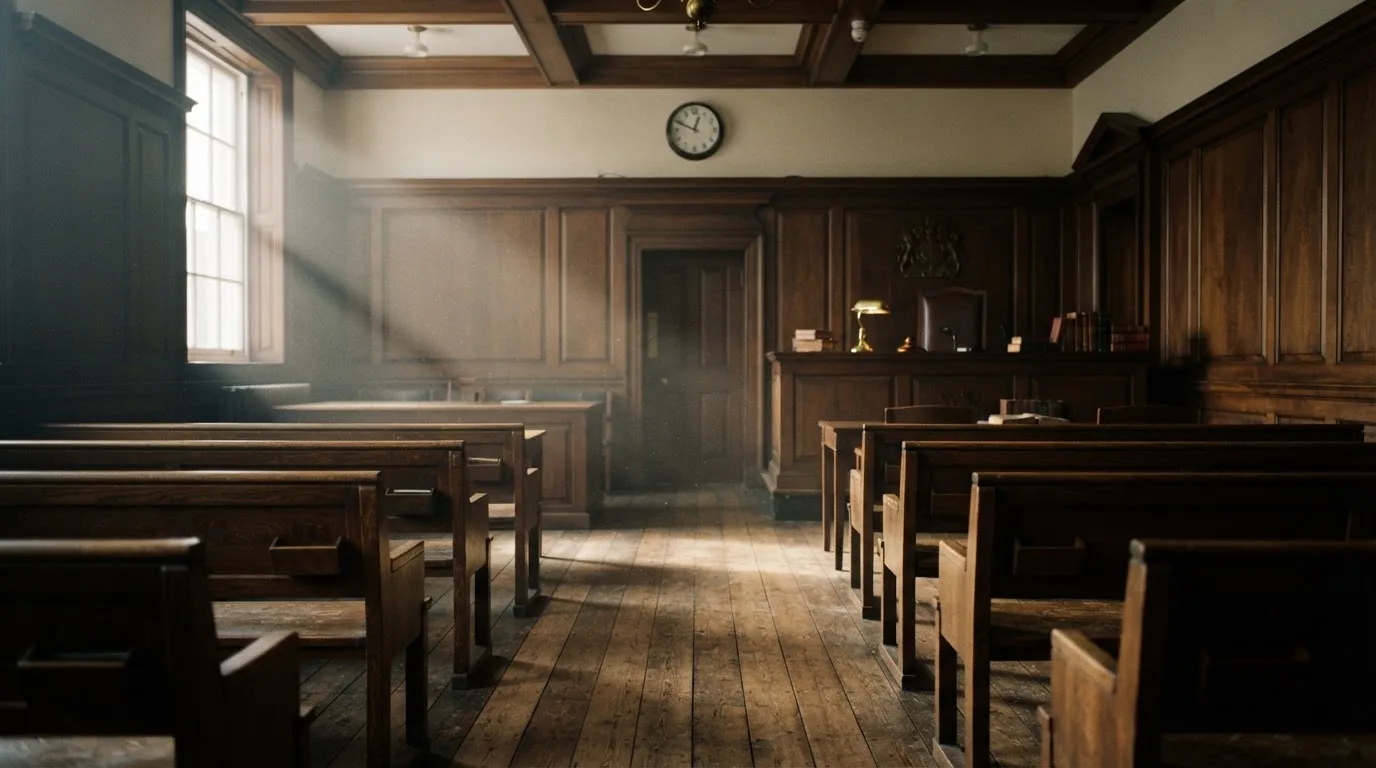 An empty courtroom with wooden benches in morning light