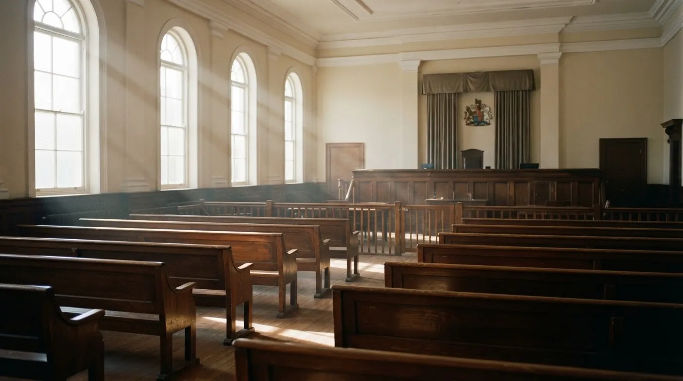 An empty courtroom with wooden benches in morning light
