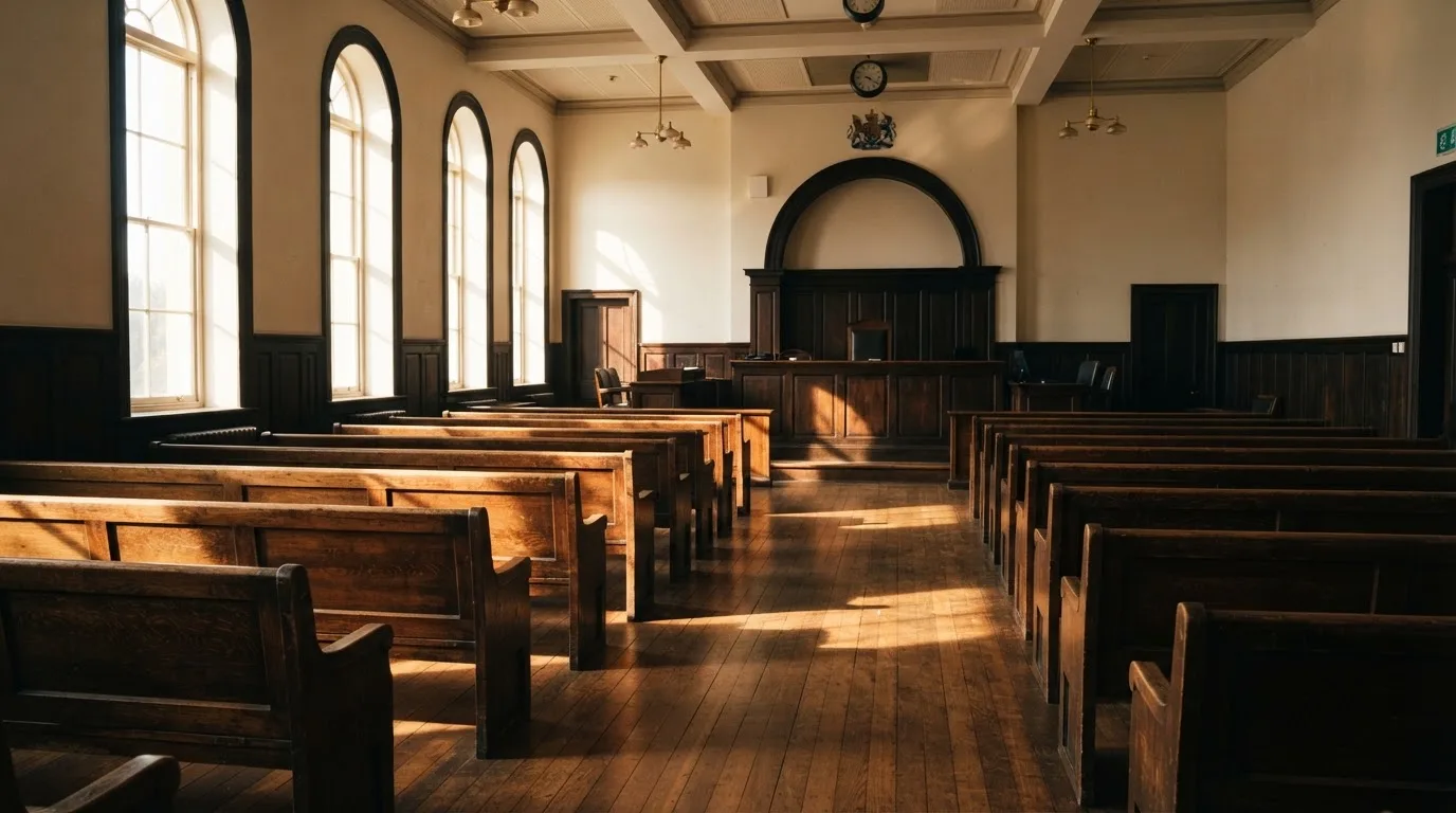 An empty courtroom with wooden benches in morning light