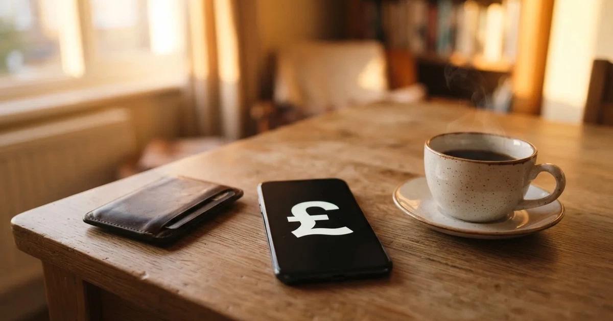 A smartphone on a wooden table beside a wallet and a coffee cup