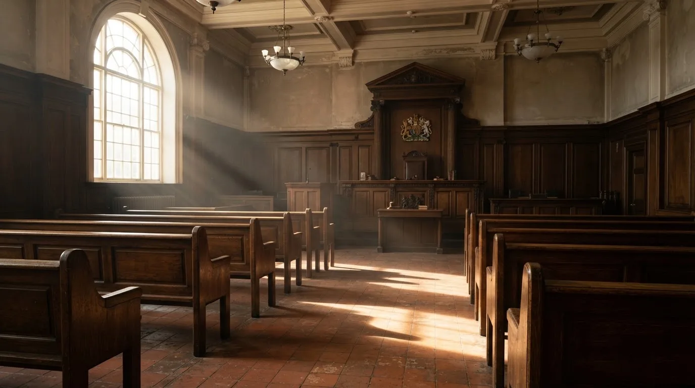 An empty courtroom with wooden benches in morning light