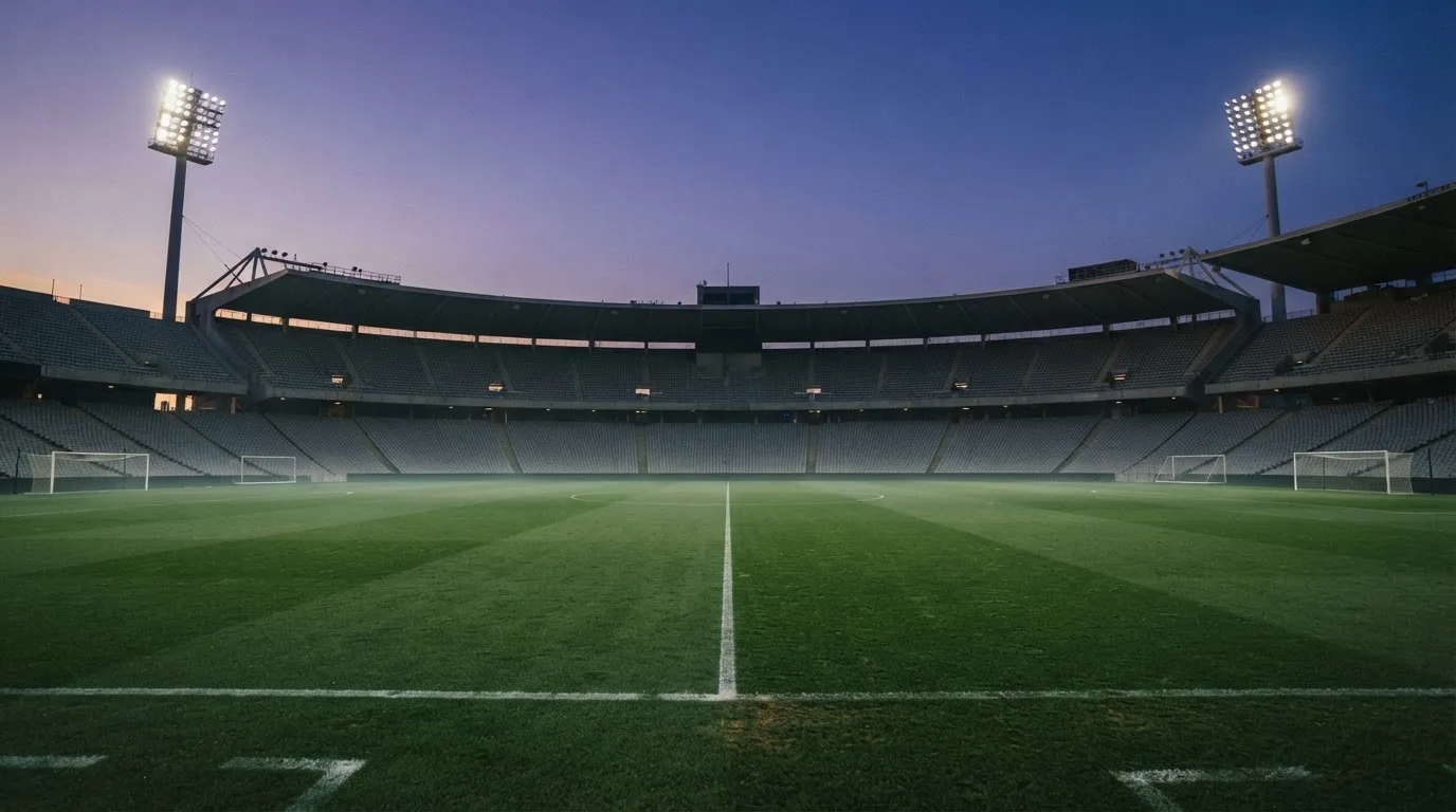 An empty football stadium with floodlight masts at dusk