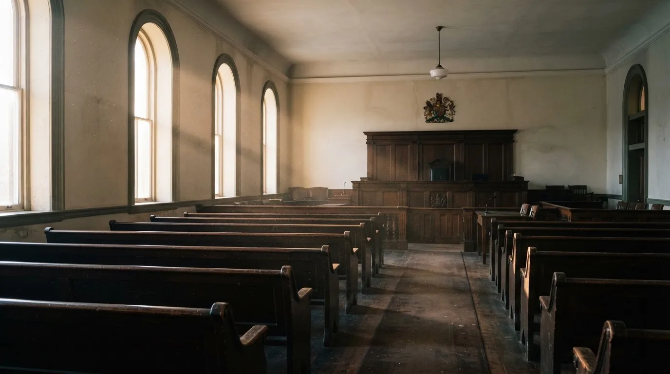 An empty courtroom with wooden benches in morning light