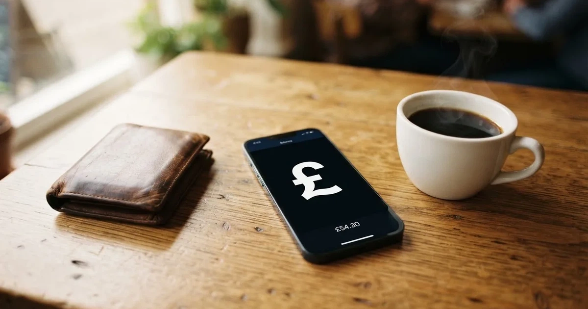 A smartphone on a wooden table beside a wallet and a coffee cup