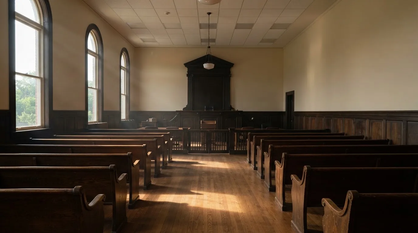 An empty courtroom with wooden benches in morning light