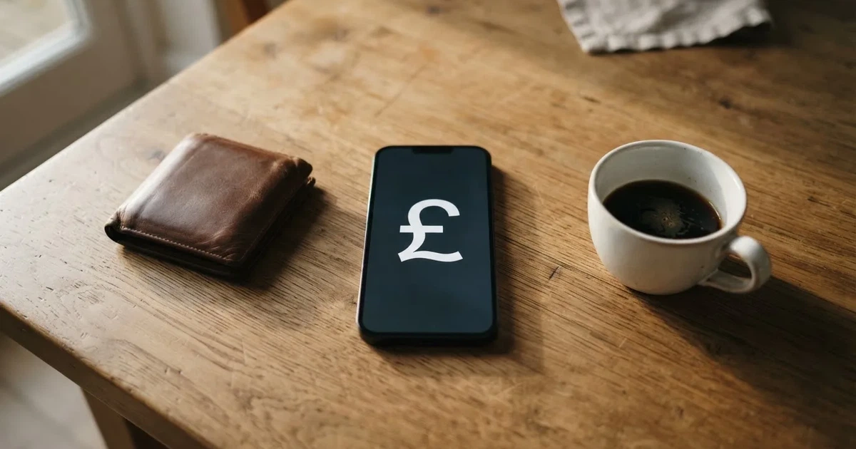 A smartphone on a wooden table beside a wallet and a coffee cup