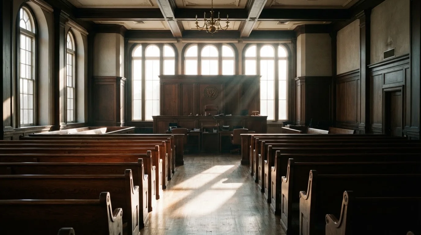An empty courtroom with wooden benches in morning light