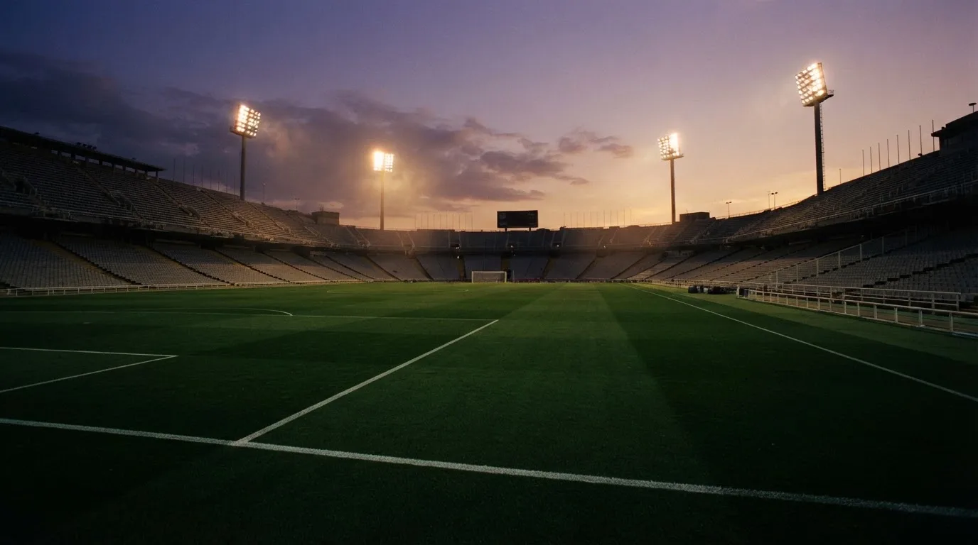 An empty football stadium with floodlight masts at dusk
