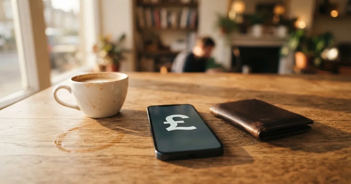 A smartphone on a wooden table beside a wallet and a coffee cup
