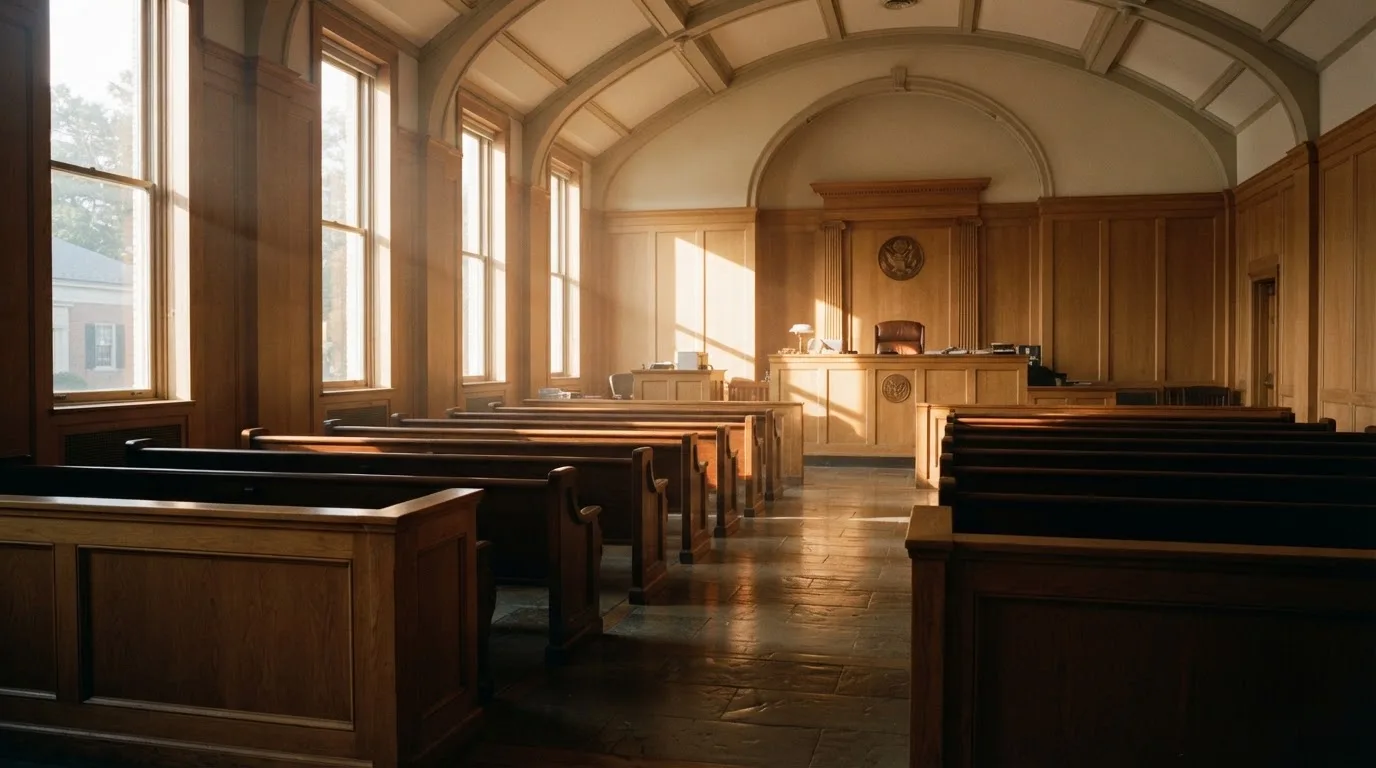 An empty courtroom with wooden benches in morning light
