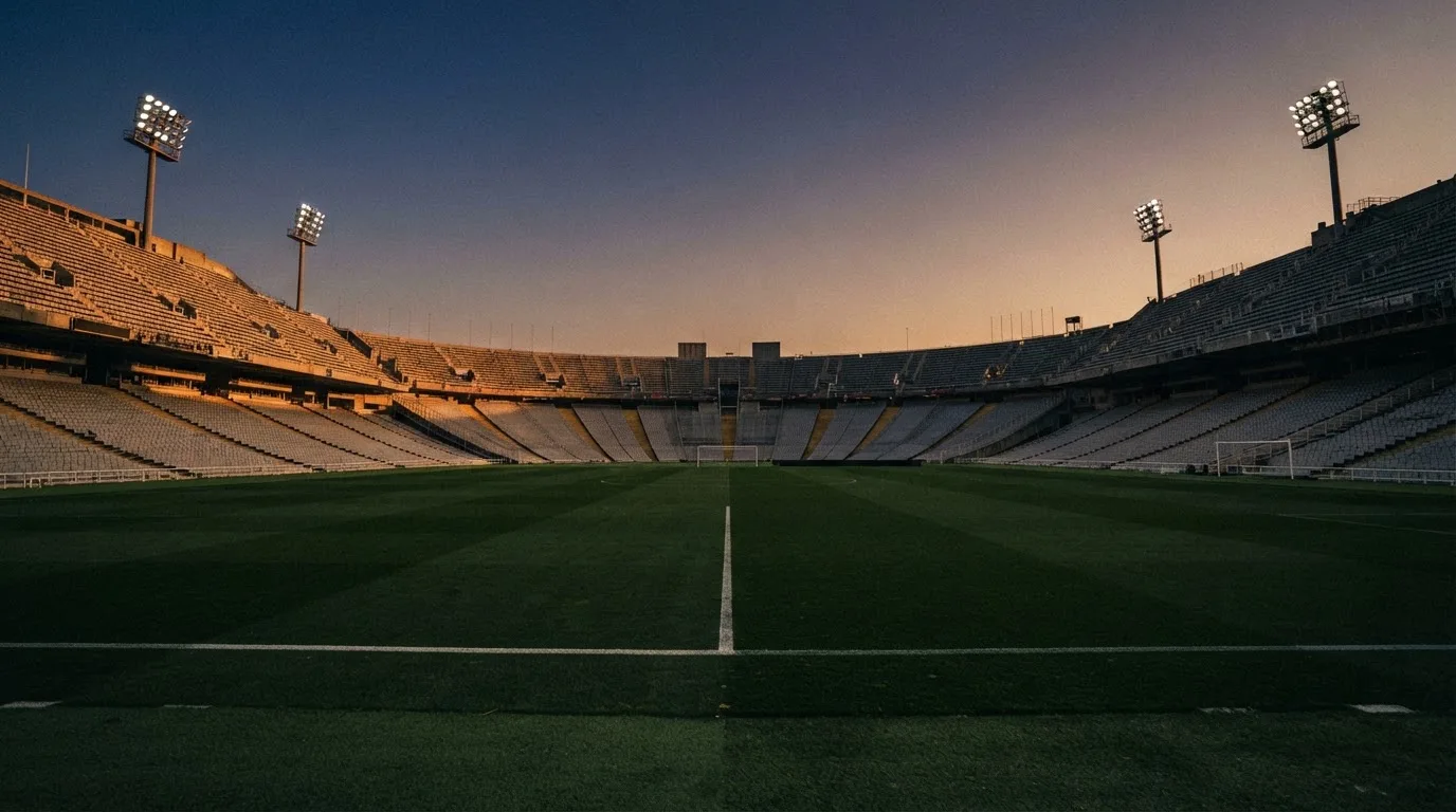 An empty football stadium with floodlight masts at dusk