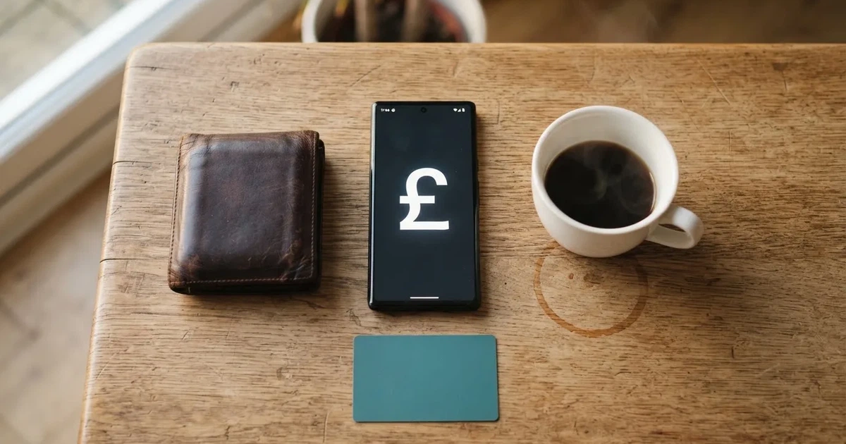 A smartphone on a wooden table beside a wallet and a coffee cup
