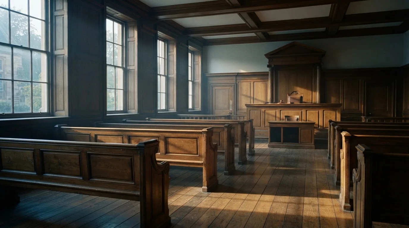 An empty courtroom with wooden benches in morning light