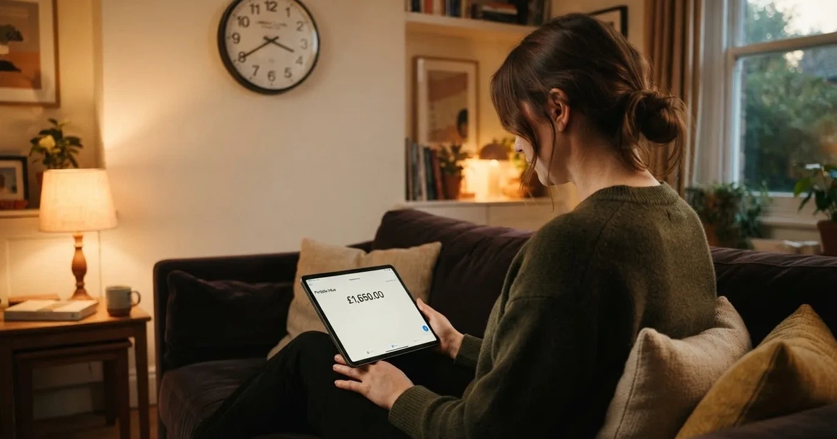A person on a sofa looking thoughtfully at a tablet, a wall clock in the background
