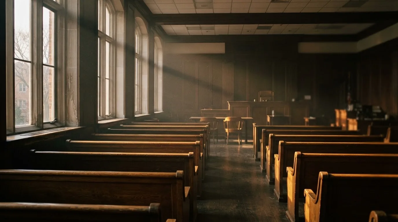 An empty courtroom with wooden benches in morning light