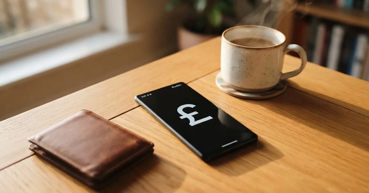 A smartphone on a wooden table beside a wallet and a coffee cup