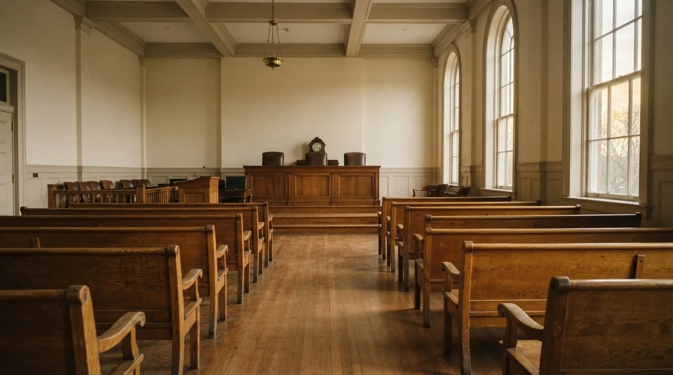 An empty courtroom with wooden benches in morning light