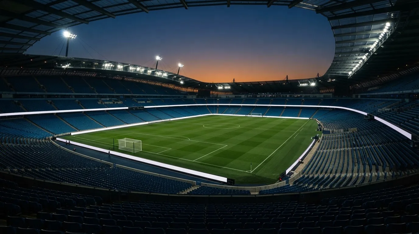 An empty football stadium with floodlight masts at dusk