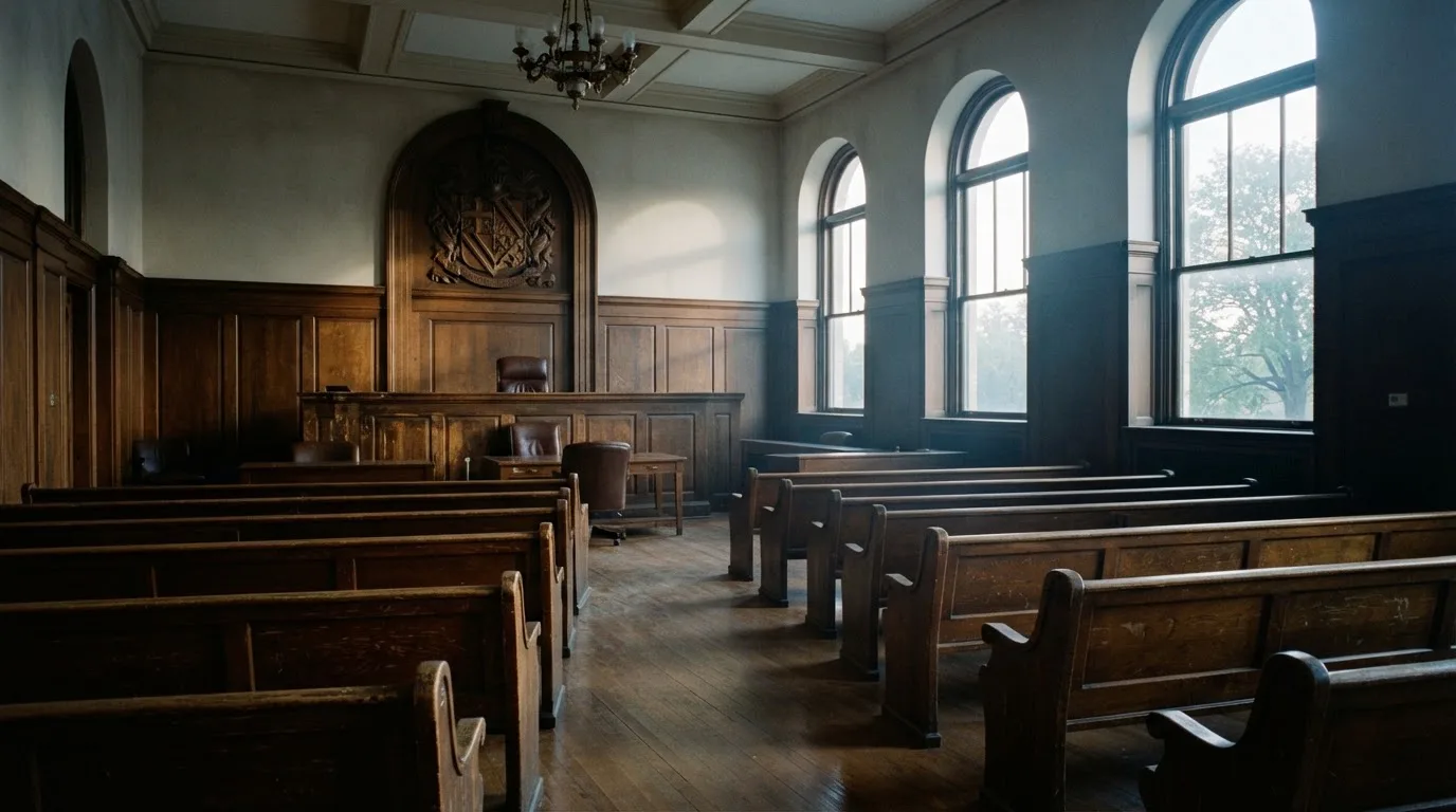 An empty courtroom with wooden benches in morning light