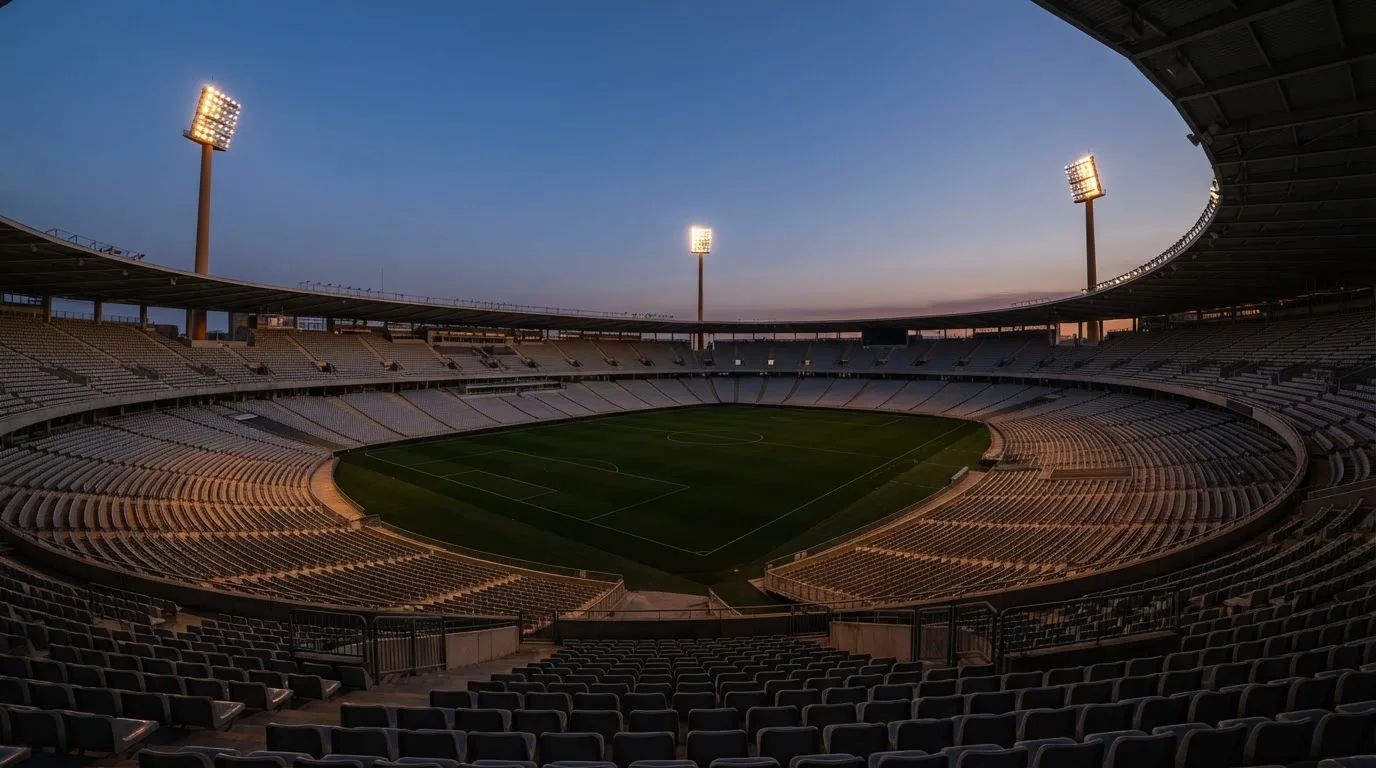 An empty football stadium with floodlight masts at dusk