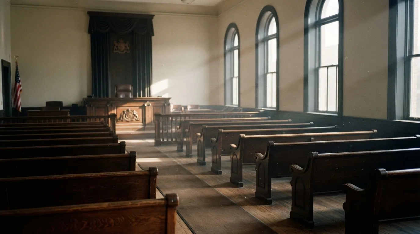 An empty courtroom with wooden benches in morning light