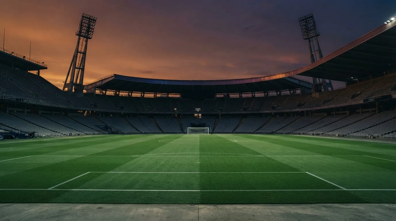 An empty football stadium with floodlight masts at dusk