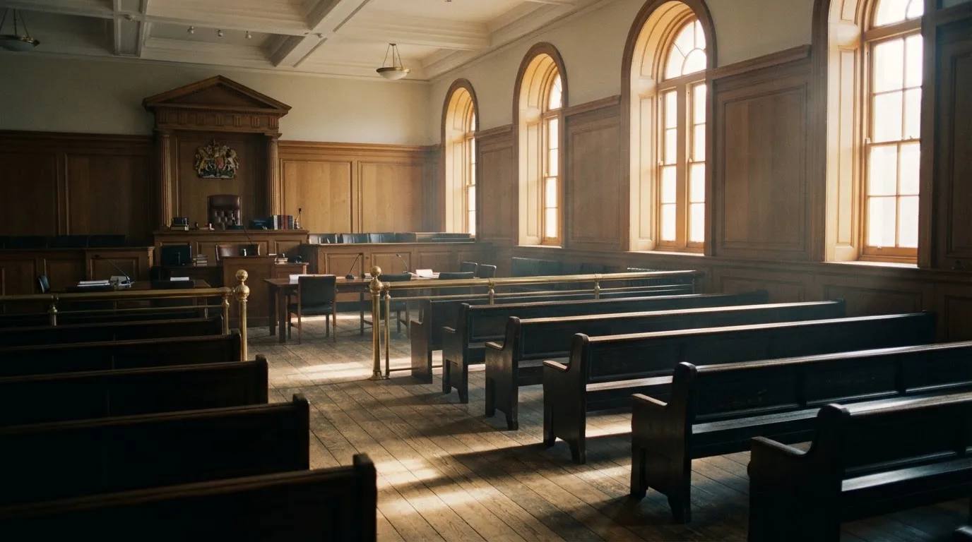 An empty courtroom with wooden benches in morning light