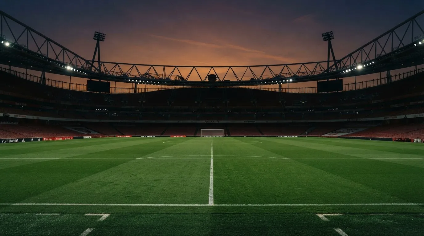 An empty football stadium with floodlight masts at dusk