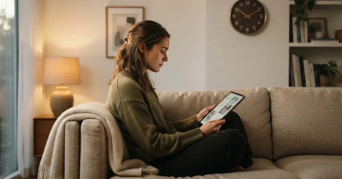 A person on a sofa looking thoughtfully at a tablet, a wall clock in the background