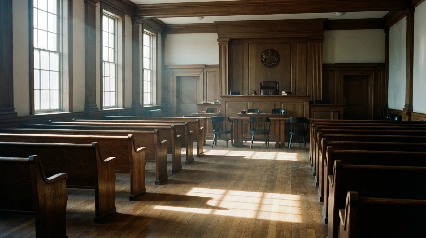 An empty courtroom with wooden benches in morning light