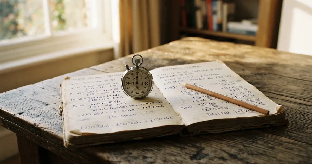 An open notebook with a pencil and a stopwatch on a wooden table