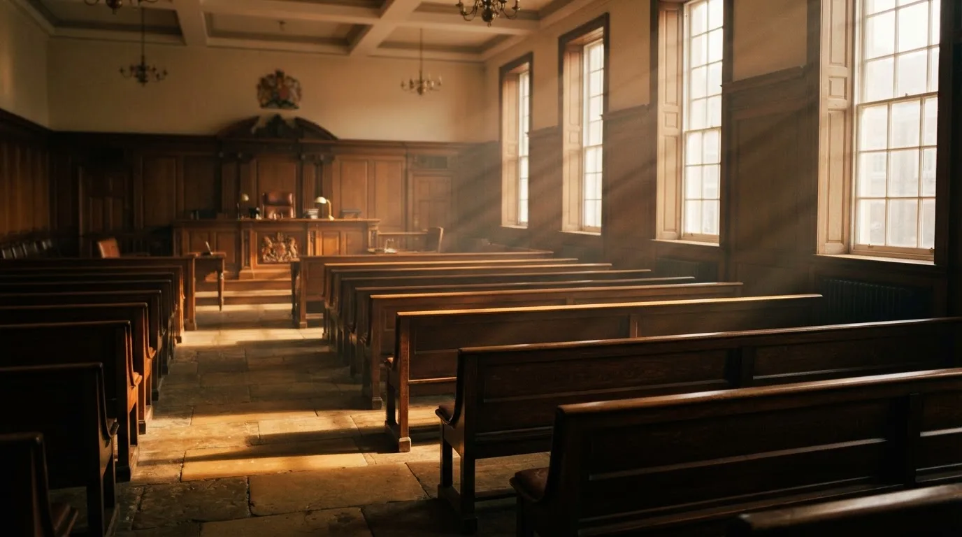An empty courtroom with wooden benches in morning light
