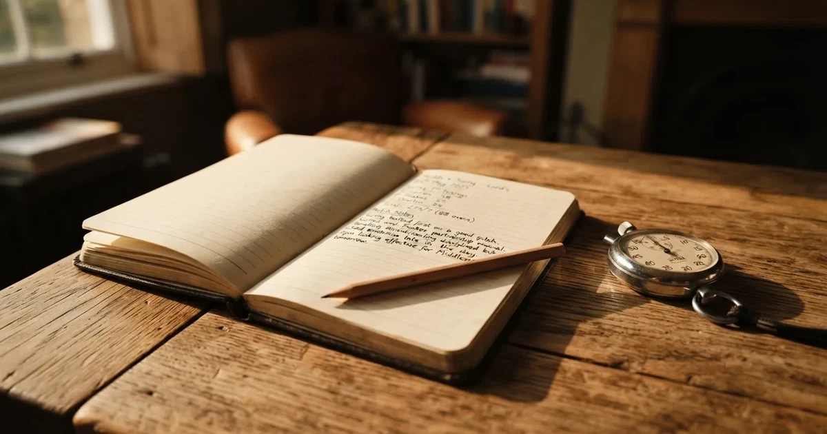 An open notebook with a pencil and a stopwatch on a wooden table