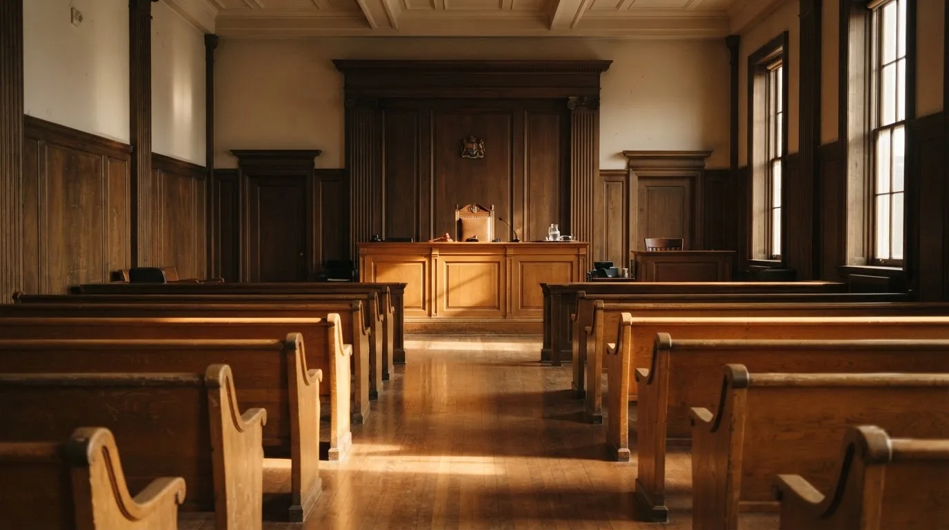 An empty courtroom with wooden benches in morning light