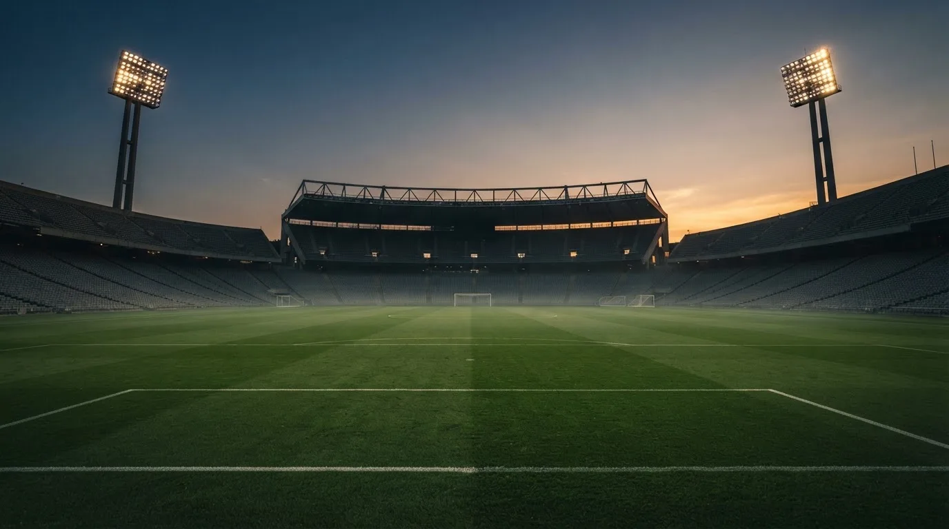 An empty football stadium with floodlight masts at dusk