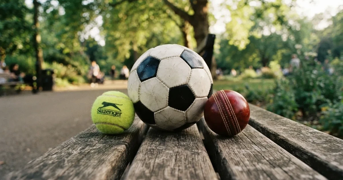 Three balls of different kinds side by side on a wooden bench